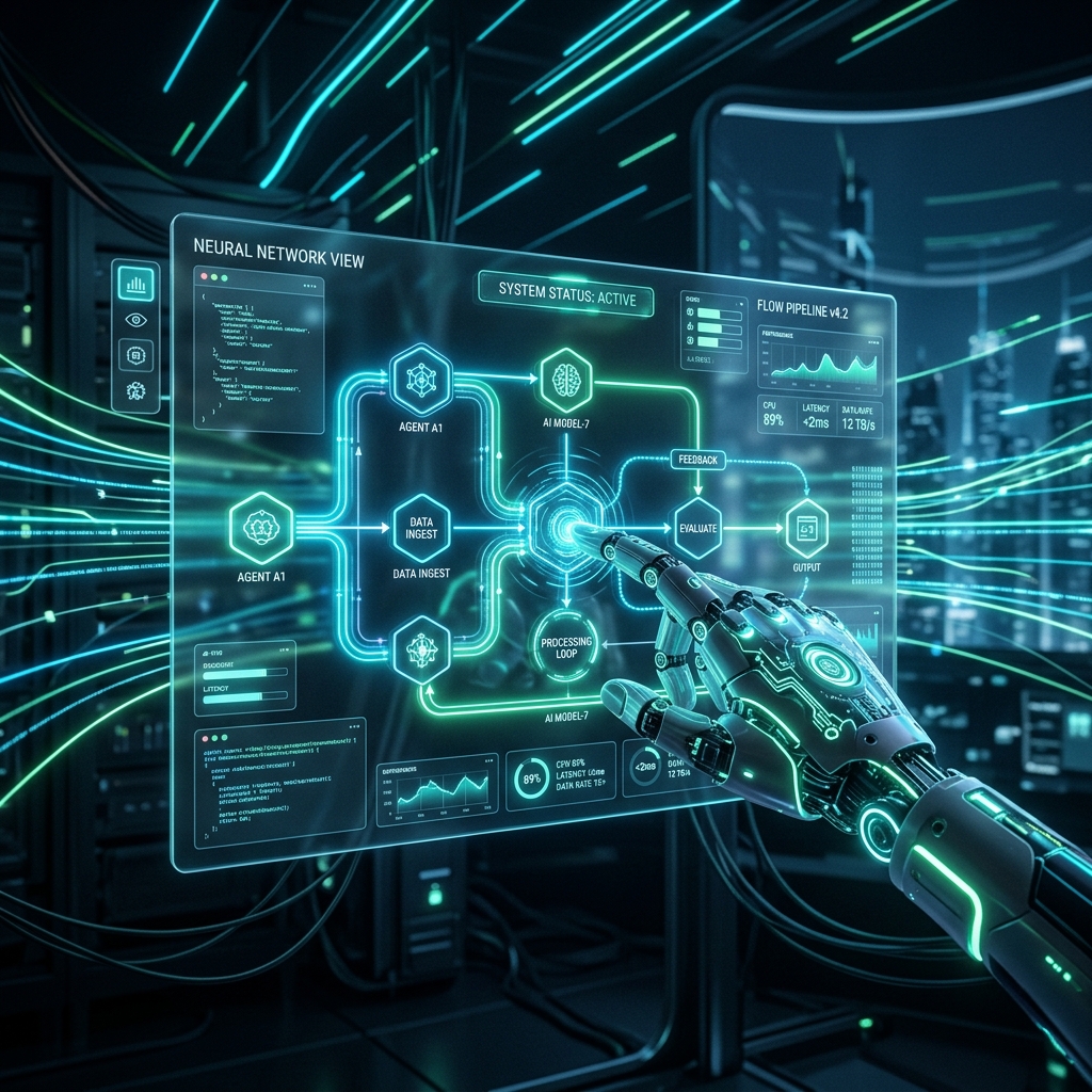 Futuristic AI workflow and robot hand interfacing with technology panel